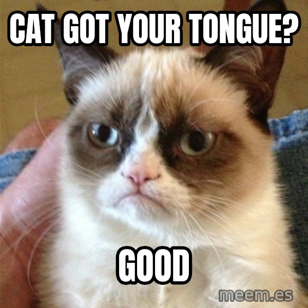 Grumpy Cat  meme: CAT GOT YOUR TONGUE? / GOOD