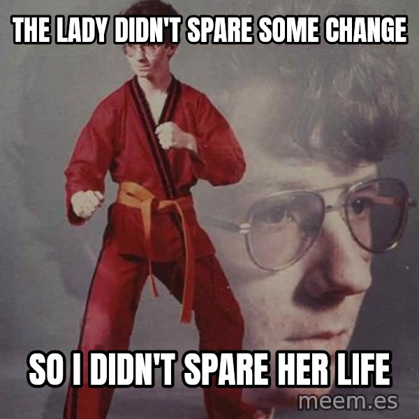 PTSD Karate Kyle meme: the lady didn't spare some change / so i didn't spare her life