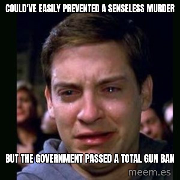 crying peter parker meme: could've easily prevented a senseless murder / but the government passed a total gun ban