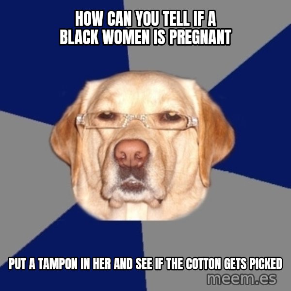Racist Dog meme: How can you tell if a black women is PREGNANT / Put a tampon in her and see if the cotton gets picked