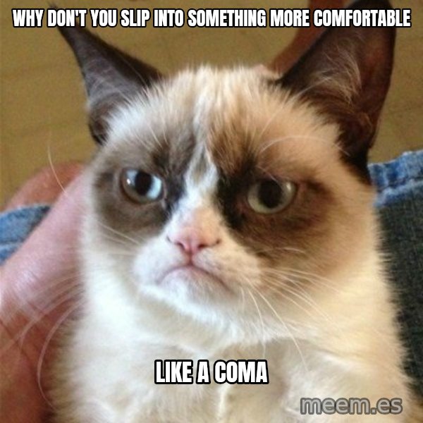 Grumpy Cat  meme: Why don't you slip into something more comfortable / Like a coma