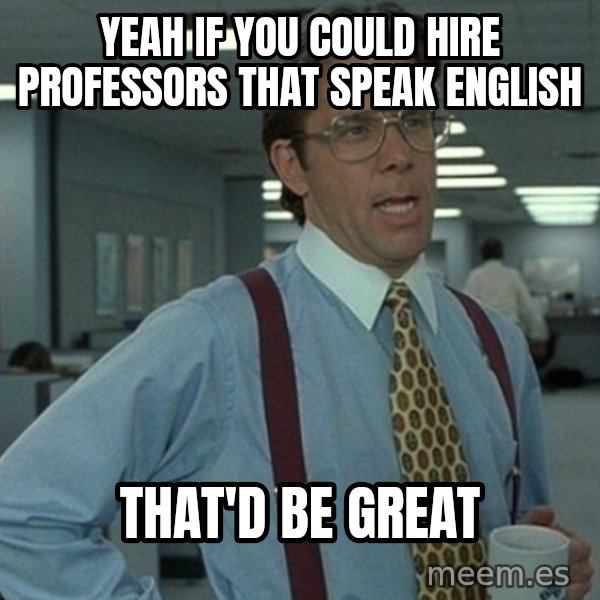 Yeah that'd be great... meme: Yeah if you could hire professors that speak english / that'd be great