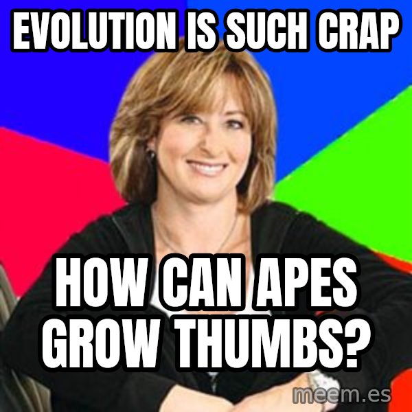 Sheltering Suburban Mom meme: Evolution is such crap / how can apes grow thumbs?