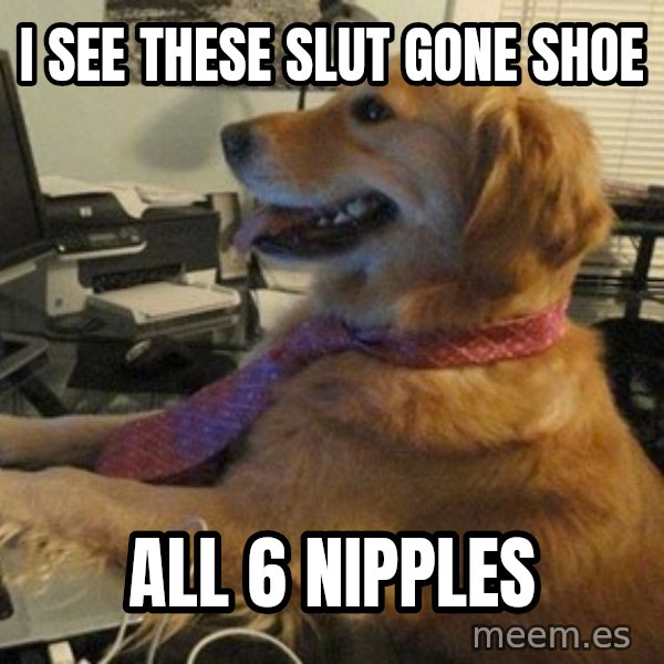 I have no idea what I'm doing - Dog with Tie meme: I SEE THESE SLUT GONE SHOE / ALL 6 NIPPLES