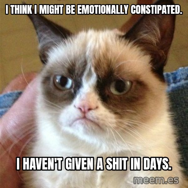 Grumpy Cat  meme: I think I might be emotionally constipated. / I haven't given a shit in days.