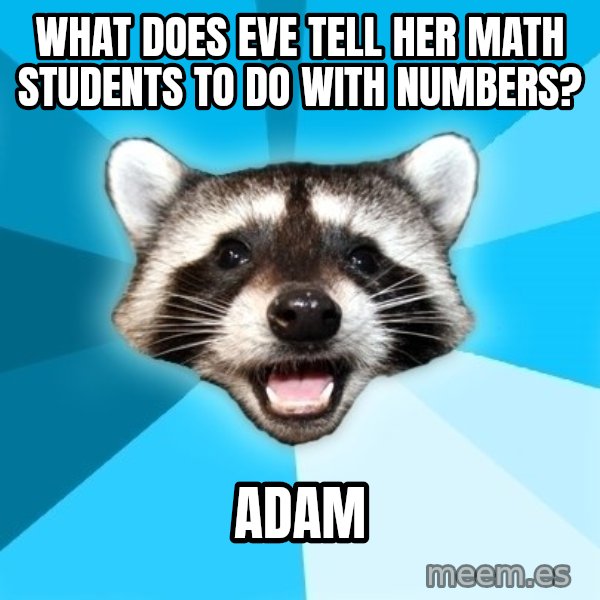 Lame Pun Coon meme: what does eve tell her math students to do with numbers? / adam