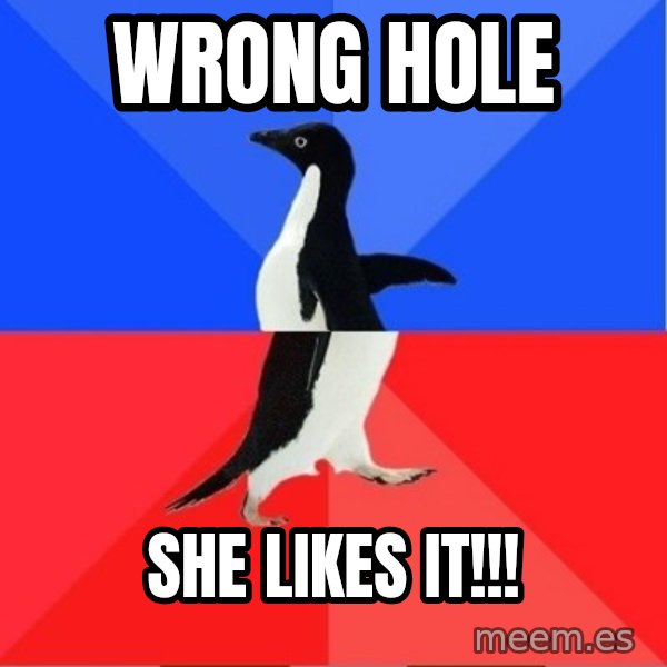Socially Awkward to Awesome Penguin meme: WRONG HOLE / SHE LIKES IT!!!