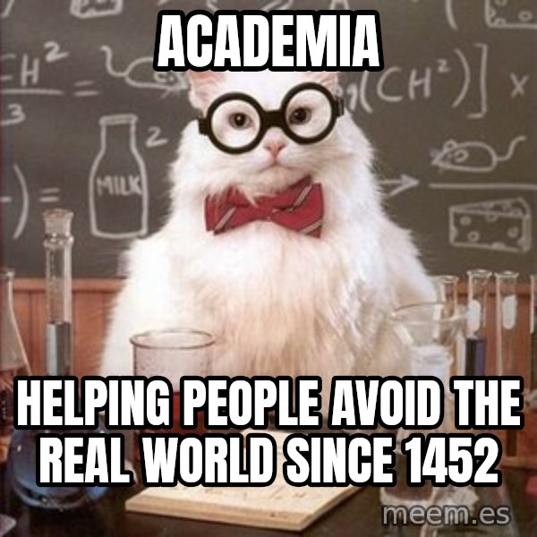 Chemistry Cat meme: Academia / Helping people avoid the real world since 1452