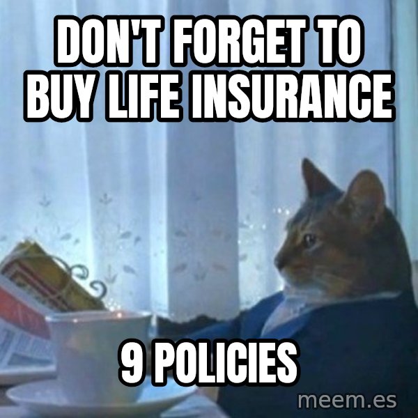 newspaper cat realization meme: don't forget to buy life insurance / 9 policies