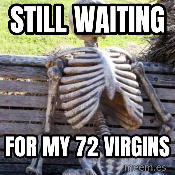 Waiting Skeleton meme: STILL WAITING / FOR MY 72 VIRGINS