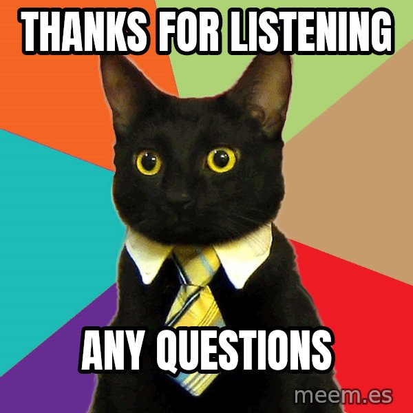 Business Cat meme: Thanks for listening / Any QUestions