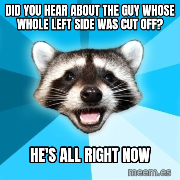 Lame Pun Coon meme: Did you hear about the guy whose whole left side was cut off? / he's all right now