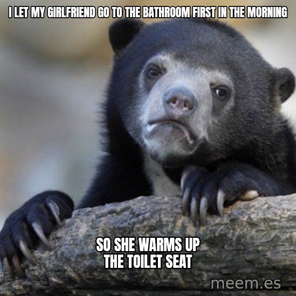 Confession Bear meme: I let my girlfriend go to the bathroom first in the morning / so she warms up the toilet seat
