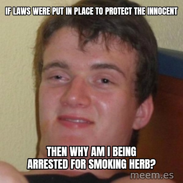 Stoner Guy meme: if laws were put in place to protect the innocent / then why am i being arrested for smoking herb?