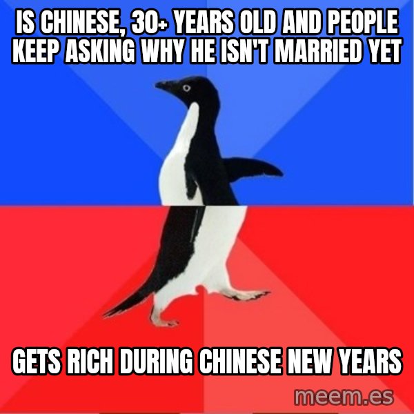 Socially Awkward to Awesome Penguin meme: is chinese, 30+ years old and people keep asking why he isn't married yet / gets rich during chinese new years