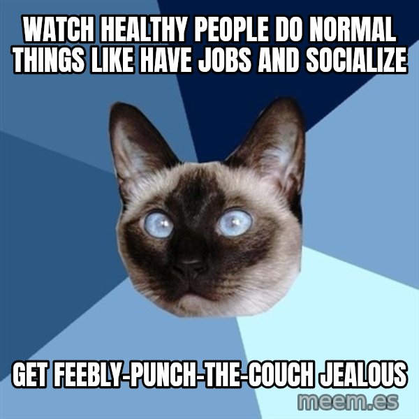 Chronic Illness Cat meme: watch healthy people do normal things like have jobs and socialize / get feebly-punch-the-couch jealous