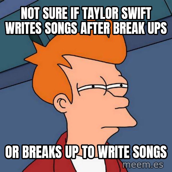 Futurama Fry meme: not sure if taylor swift writes songs after break ups / or breaks up to write songs