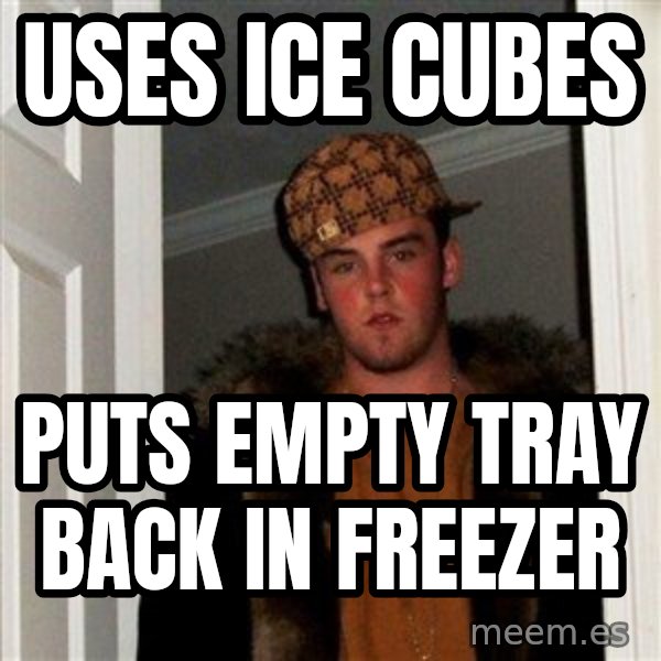 Scumbag Steve meme: uses ice cubes / puts empty tray       back in freezer