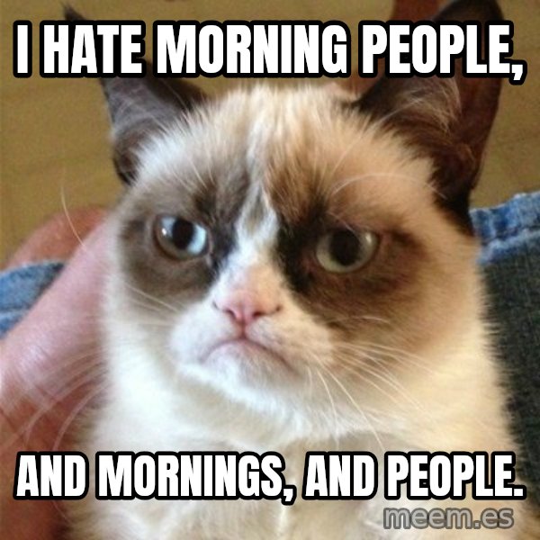 Grumpy Cat  meme: I hate morning people, / and mornings, and people.