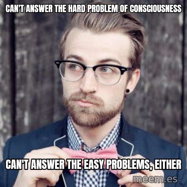 Scumbag Analytic Philosopher meme: can't answer the hard problem of consciousness / can't answer the easy problems, either