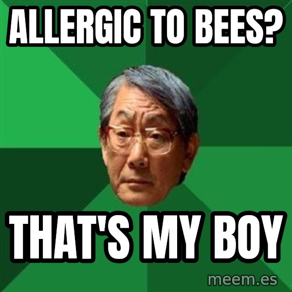 High Expectations Asian Father meme: ALLERGIC TO BEES? / THAT'S MY BOY