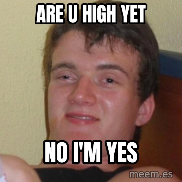 Really Stoned Guy meme: are u high yet / no i'm yes