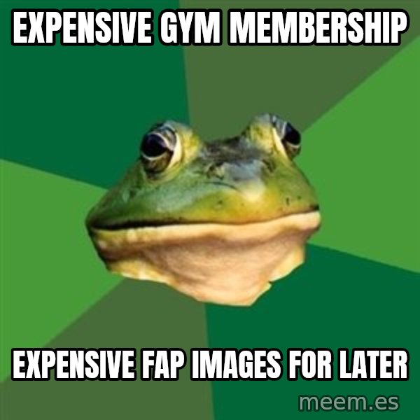 Foul Bachelor Frog meme: Expensive gym membership / expensive fap images for later