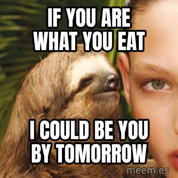The Rape Sloth meme: If you are what you eat / I could be you by tomorrow
