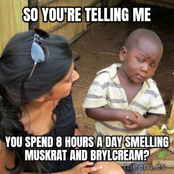 skeptical black kid meme: So you're  telling me / you spend 8 hours a day smelling muskrat and brylcream?