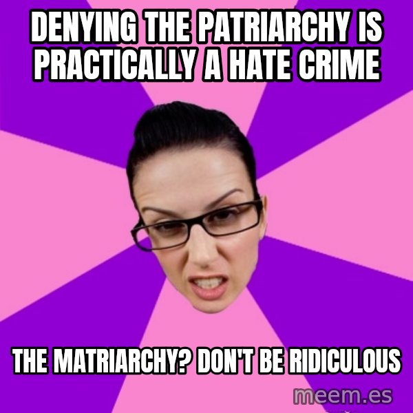 Privilege Denying Feminist meme: denying the patriarchy is practically a hate crime / the matriarchy? Don't be ridiculous