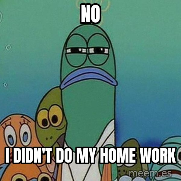 Serious Fish Spongebob meme: NO / i didn't do my home work