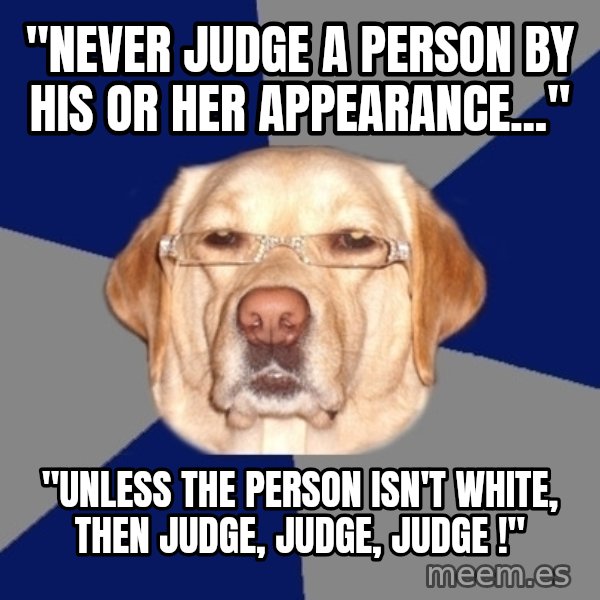 Racist Dawg meme: "Never judge a person by his or her appearance..." / "unless the person isn't white, then judge, judge, judge !"
