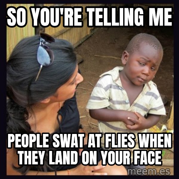 Skeptical third-world kid meme: so you're telling me / people swat at flies when they land on your face