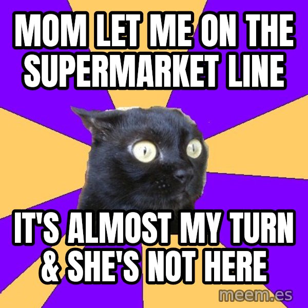 Anxiety Cat meme: Mom let me on the supermarket line / it's almost my turn & she's not here