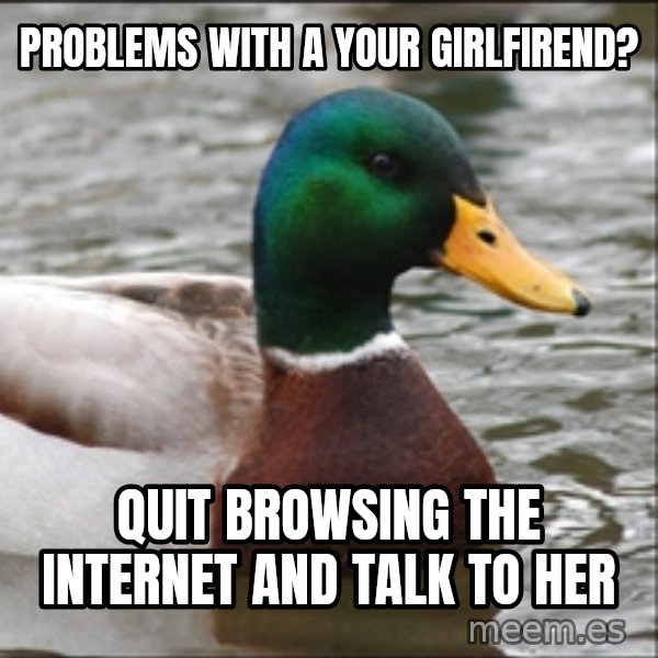 Actual Advice Mallard 1 meme: Problems with a your girlfirend? / Quit browsing the internet and talk to her