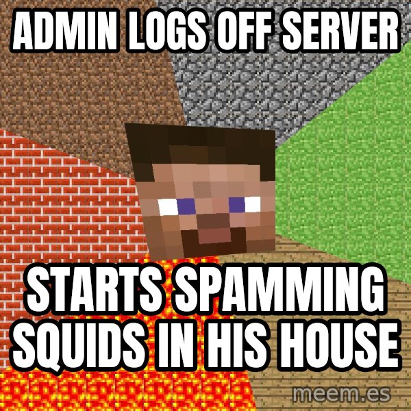 Minecraft Guy meme: ADMIN LOGS OFF SERVER / STARTS SPAMMING SQUIDS IN HIS HOUSE