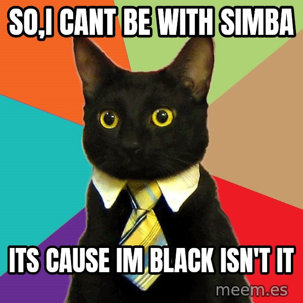 Business Cat meme: so,i cant be with simba / its cause im black isn't it