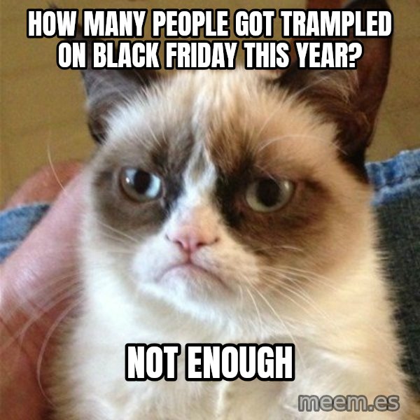 Grumpy Cat  meme: How many people got trampled on black friday this year? / not enough