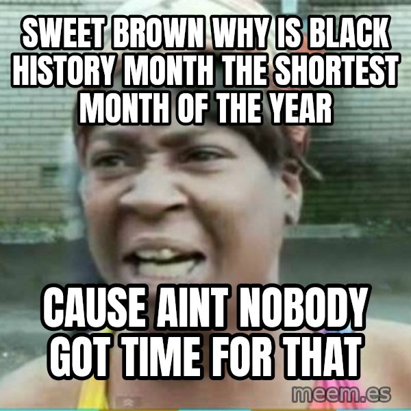 Sweet Brown Meme meme: sweet brown why is black history month the shortest month of the year / cause aint nobody got time for that