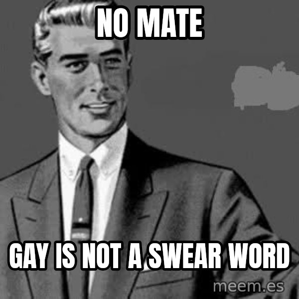 Correction Man  meme: NO MATE / GAY IS NOT A SWEAR WORD