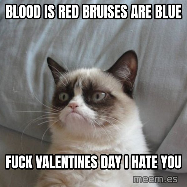 Grumpy cat good meme: blood is red bruises are blue / fuck valentines day i hate you