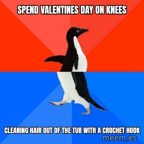 Socially Awesome Awkward Penguin meme: SPEND VALENTINES DAY ON KNEES / CLEANING HAIR OUT OF THE TUB WITH A CROCHET HOOK