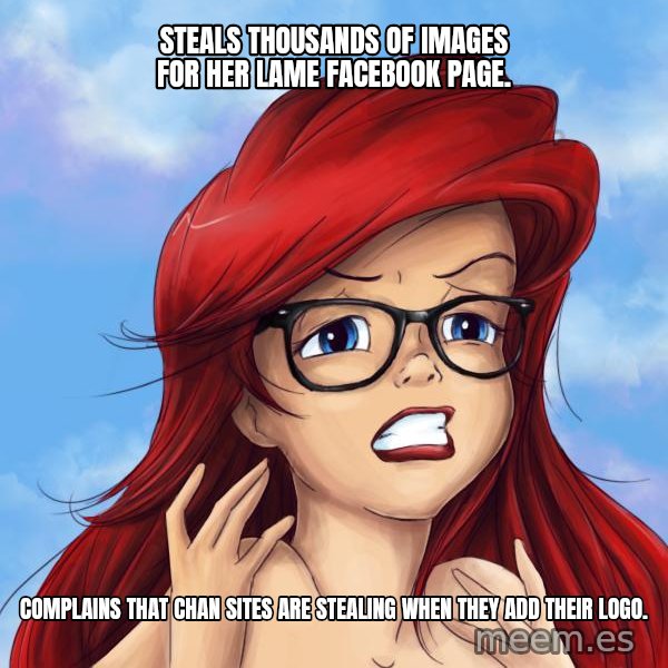 Hipster Ariel meme: Steals thousands of images for her lame Facebook page. / Complains that chan sites are stealing when they add their logo.