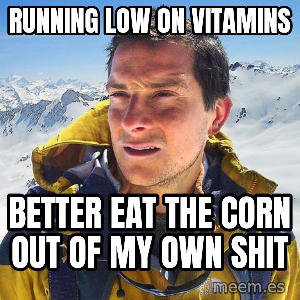 Bear Grylls Loneliness meme: RUNNING LOW ON VITAMINS / BETTER EAT THE CORN OUT OF MY OWN SHIT