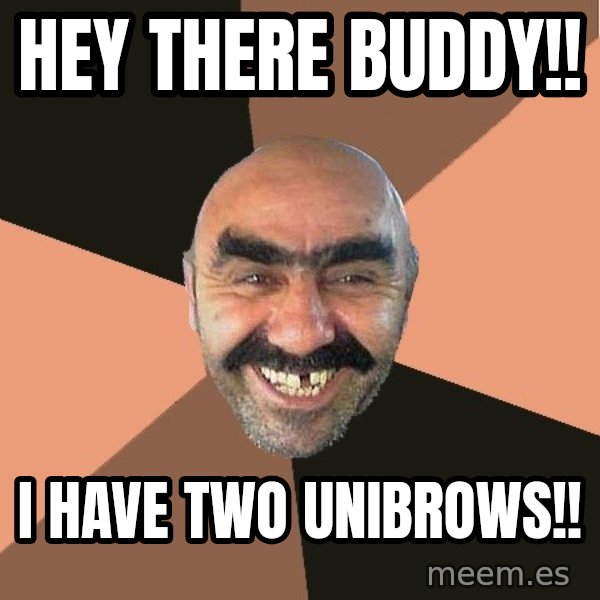 Provincial Man meme: hey there buddy!! / i have two unibrows!!