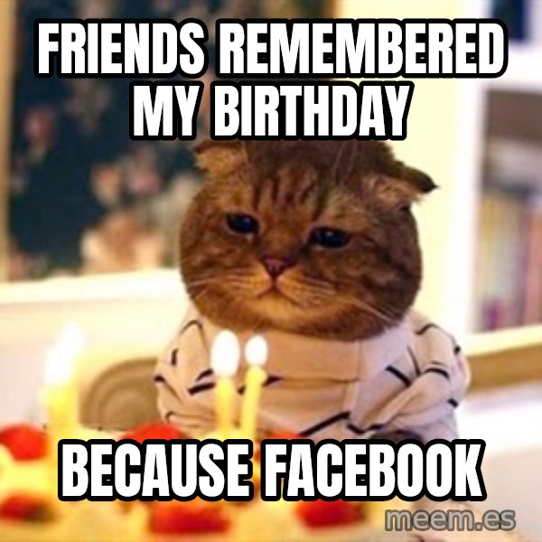 Birthday Cat meme: Friends remembered my bIrthday / Because facebook