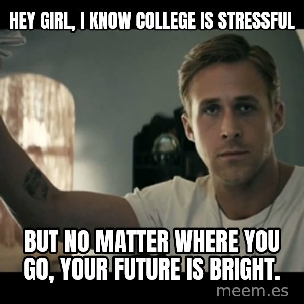 ryan gosling hey girl meme: hey girl, I know college is stressful / but no matter where you go, your future is bright.