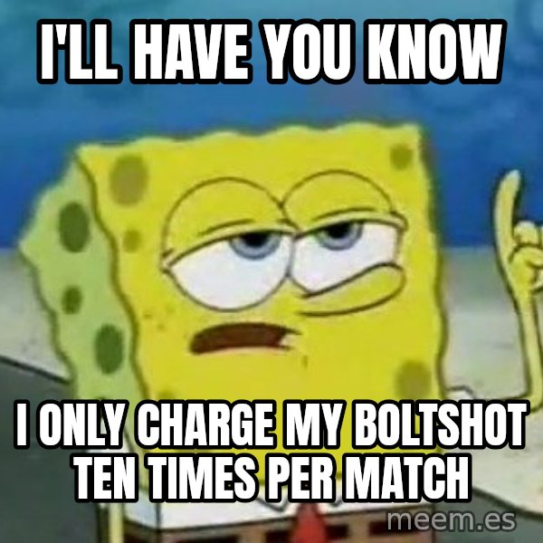 Tough Spongebob meme: I'll have you know / I only charge my boltshot ten times per match