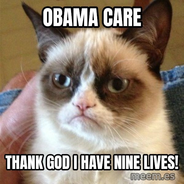 Grumpy Cat  meme: OBAMA CARE / THANK GOD I HAVE NINE LIVES!