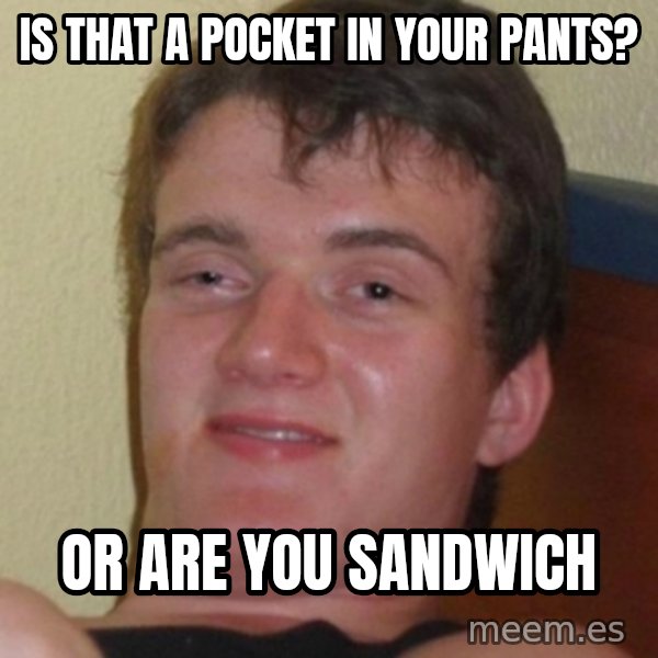 Stoner Guy meme: is that a pocket in your pants? / or are you sandwich